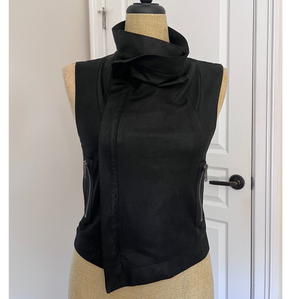 Veda + Reformation Asymmetrical Moto Vest Leather Jacket Linen Biker Black‎ Edgy